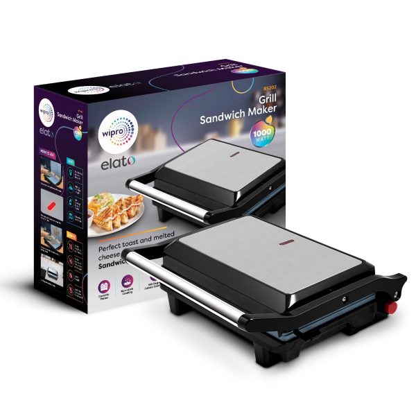 Wipro Elato BS202 1000 Watt Ceramic Grill Sandwich Maker, Scratch Resistant, 180° Open Sandwich Griller, Auto Cutoff, Non Toxic BPA, PTFE & PFOA Free,